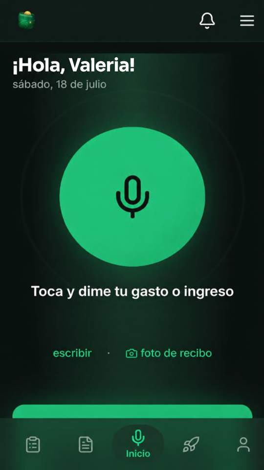 Inicio de Bolsillo Inteligente: ¡Hola, Valeria! Registra tus gastos por voz, texto o foto.